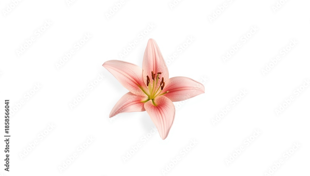 Fototapeta premium Single pink lily blossom against a clean white surface, ideal for botanical layouts