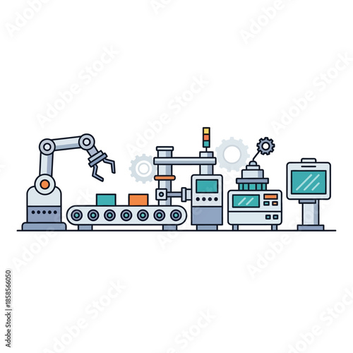 Streamlined industrial automation setup featuring robotic arms, conveyor belts, and control panels for efficient modern manufacturing processes