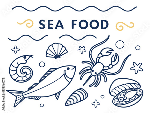 Hand Drawn Seafood Collection With Fish Crab Shrimp Shells And Text illustration drawing