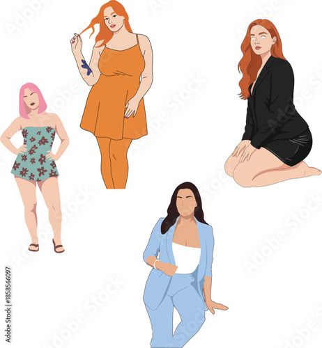 Diverse Plus Size Women Collection in Fashionable Outfits Flat Vector Illustration