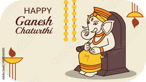 Happy Ganesh Chaturthi Greeting with Ganesha Seated on a Throne and Lamps elephant god Hindu festival