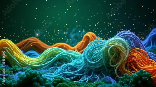 Vivid fibers explode fiber thread mesh, forming dynamic designs on a green background, with sparkling stars twinkling in a cosmic, futuristic scene at twilight.