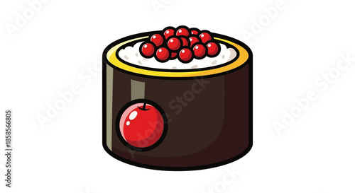 Illustration of a sushi roll with rice, seaweed, and red caviar.