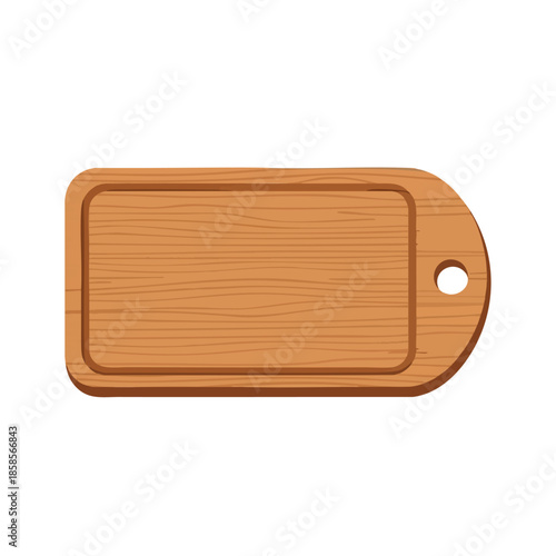 A rectangular wooden cutting board with a rounded handle and a hole