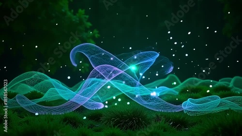Neon fibers explode fiber thread mesh, spiraling into vibrant shapes on a green background, with glowing orbs floating in a mystical, dreamy setting at midnight.