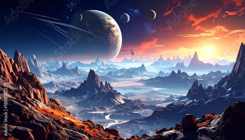 A vibrant extraterrestrial landscape with layered mountains under a sky filled with planets, moons, and a blazing sunset