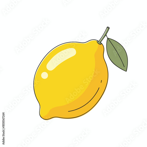A cartoonish lemon with leaf and stem, isolated on white