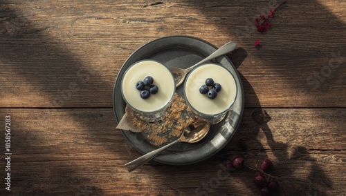 Dessert presentation featuring vanilla pudding with blueberries and cape gooseberries, emphasizing light fat-free ingredients
