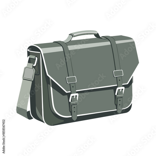 A grayscale illustrated school satchel with buckles, straps, and a handle, on white