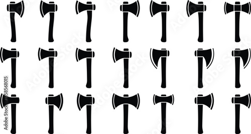 Axe silhouette vector illustration, weapon blade icon collection, lumberjack tool artwork design, black and white sharp cutting equipment graphics set