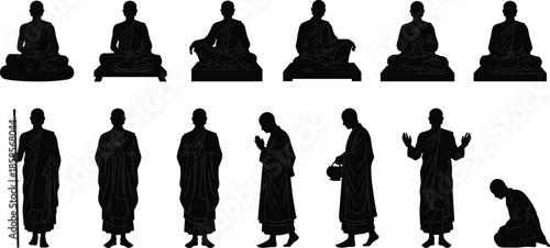 Buddhist monk silhouette set, meditation and walking poses, spiritual mindfulness concept, religious culture, black flat vector illustration collection