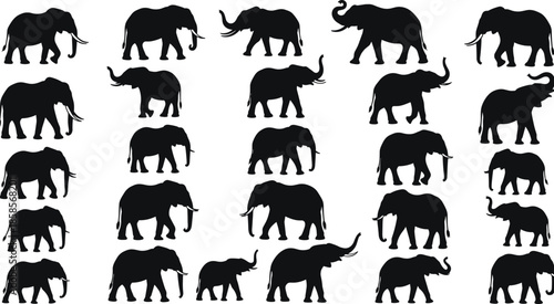 Elephant silhouettes, animal pattern, wildlife vector art, herd illustration, trunk posture variations, black silhouettes, stock design, nature concept, artistic drawing, modern artwork
