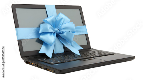 Laptop computer with a blue ribbon and bow isolated on transparent background