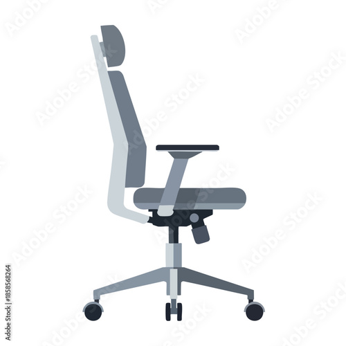Gray office chair, side view, on white, headrest, armrests, wheels