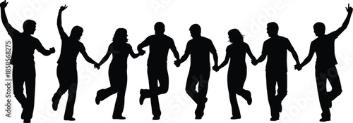 Dancing people silhouette vector illustration, group celebration design, cultural festival art, unity community concept, joyful dance movement, party crowd graphic, friendship togetherness symbol