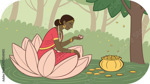 Indian Woman in Sari Sitting on Lotus Flower with Gold Coins and Pot water nature