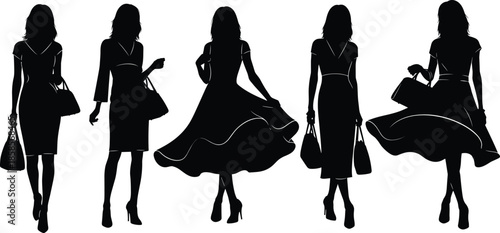 Fashion women silhouette vector illustration, stylish female figures with handbags, elegant dress design poses, high heels artwork, black and white character collection