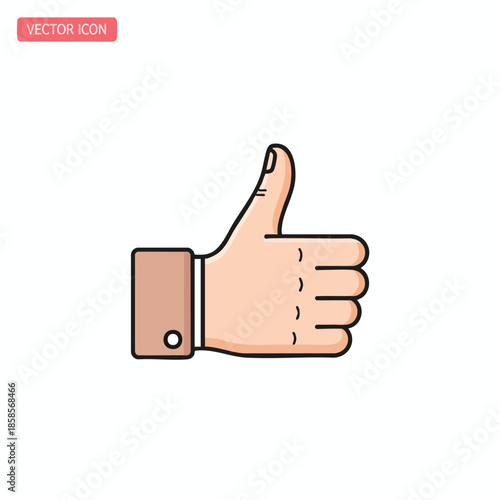 A cartoon-style hand with thumb up, colored in shades of beige and outlined in black