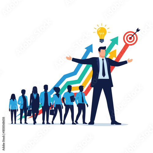 A team follows a leader towards a target, growth lines and a lightbulb appear