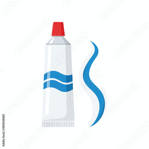 Illustration of a tube and a toothpaste stream in shades of blue, red, and white