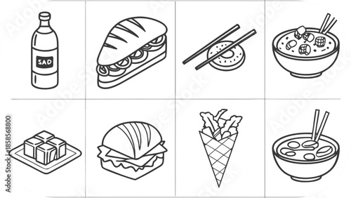 Monochrome Line Drawings of Assorted Food Items icons bottle