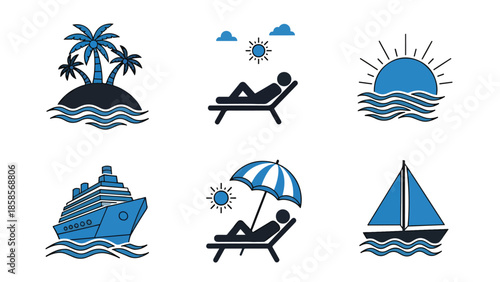 Vacation icon set - Blue icon bundle - icon set in line, solid and filled outline style, Minimal Solid Vector icon, App icon,  icon, Editable stroke icon, Modern icon