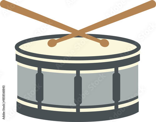 A simple illustration of a snare drum with two drumsticks crossed on top