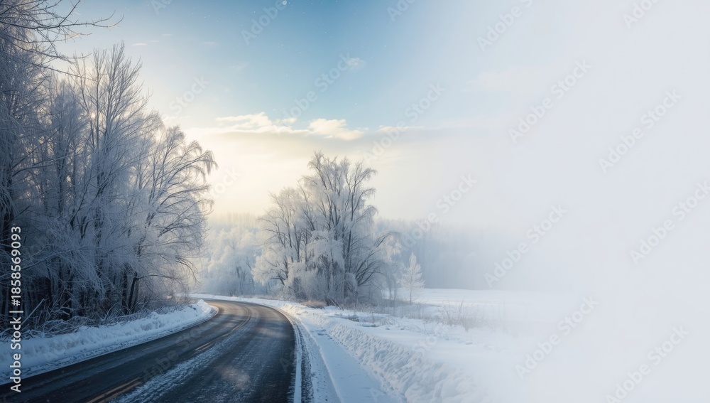 Obraz premium Snowfall over a winter road lined with frost-coated trees, highlighting seasonal preservation