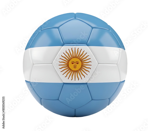 Soccer ball featuring Argentina national flag colors and Sun of May emblem, symbolizing Argentine football passion, international sports, competition, and national pride