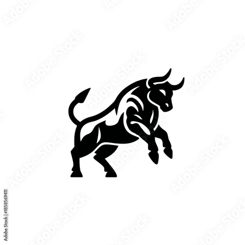 Bold black bull silhouette standing on hind legs against a white background