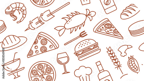 Seamless Pattern of Food Icons Including Pizza Burger Shrimp and Drinks vector illustration