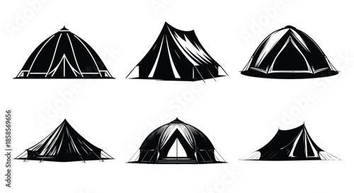Collection of black silhouette camping tents diverse outdoor shelter designs for adventure and travel graphics isolated on white background
