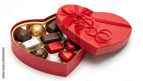 Heart-shaped box of chocolates isolated on white background