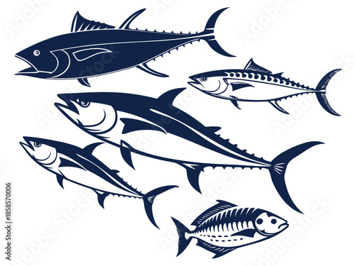 Silhouette collection of five dark blue tuna fish and one fish skeleton on white seafood marine life