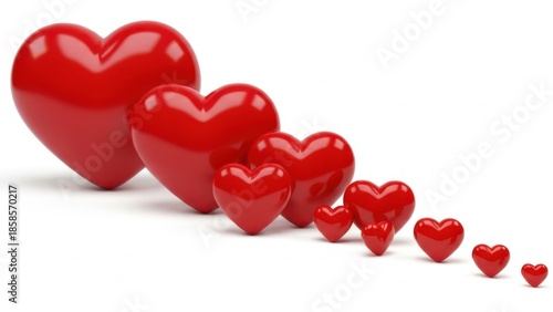 Red hearts in gradient size, isolated on white background