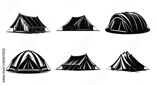 Collection of black and white tent illustrations representing various camping shelters for outdoor adventure and travel isolated on white background