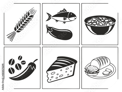 Six black and white illustrations of food items including wheat, fish, eggplant, and cake grain tuna