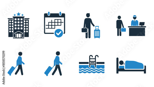 Hotel and travel icons - Blue icon bundle - icon set in line, solid and filled outline style, Minimal Solid Vector icon, App icon,  icon, Editable stroke icon, Modern icon