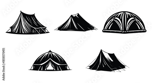 Collection of vintage camping tent illustrations retro outdoor shelter icons for adventure and travel design isolated on white background