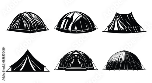 Collection of diverse tent icons representing camping and outdoor shelter perfect for travel guides adventure websites and graphic design