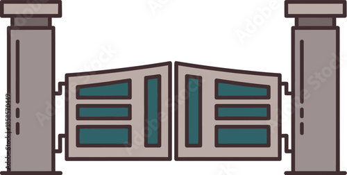 An illustrated depiction of an open doorway with pillars and panels