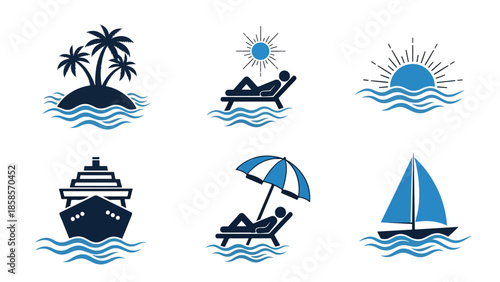 Vacation icon set - Blue icon bundle - icon set in line, solid and filled outline style, Minimal Solid Vector icon, App icon,  icon, Editable stroke icon, Modern icon