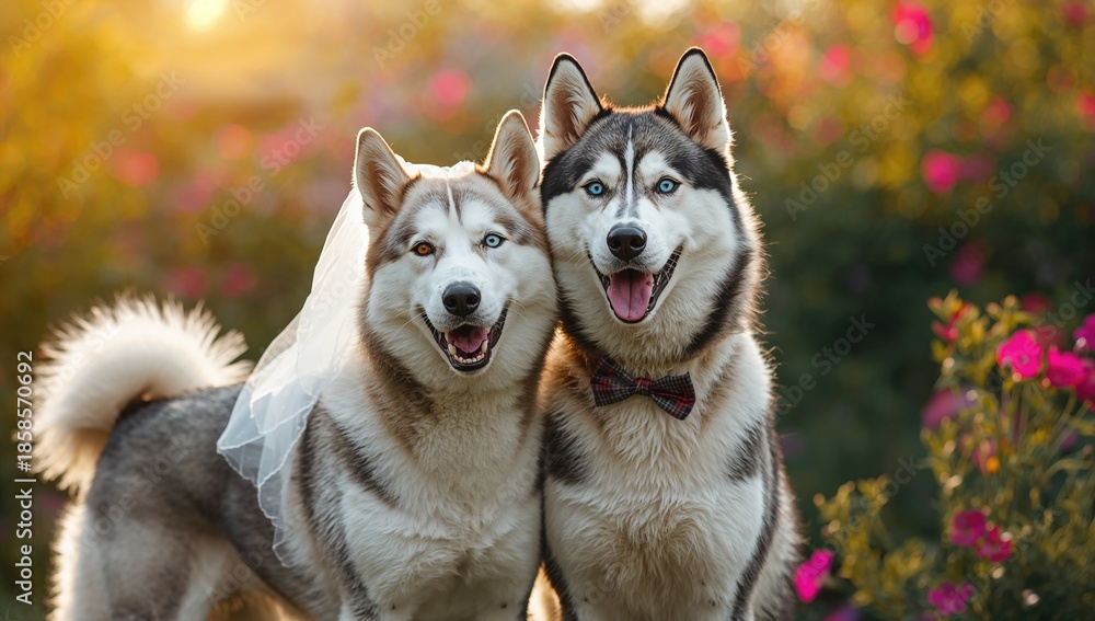 Obraz premium Pair of Siberian husky dogs showcasing heterochromia, used as a background for text or design elements