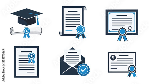 Educational achievements icon set - Blue icon bundle - icon set in line, solid and filled outline style, Minimal Solid Vector icon, App icon,  icon, Editable stroke icon, Modern icon