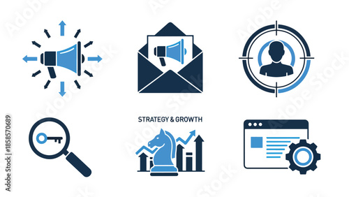 Strategy & growth icon set - Blue icon bundle - icon set in line, solid and filled outline style, Minimal Solid Vector icon, App icon,  icon, Editable stroke icon, Modern icon