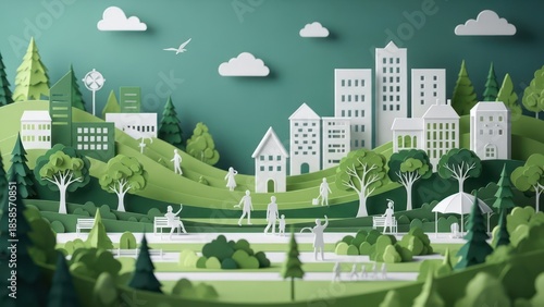 Layered papercraft scene of a park with buildings, trees, people, and clouds