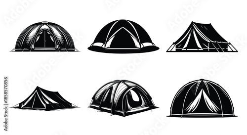 Collection of diverse camping tent icons representing different styles for outdoor adventure and travel isolated on a white background