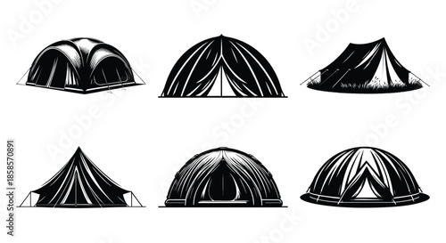 Collection of diverse camping tent illustrations various outdoor shelter designs in a graphic style perfect for adventure and travel themes