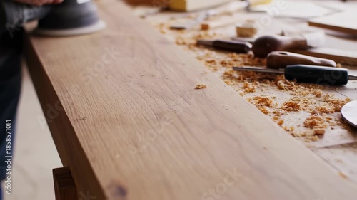 Woodworking Craftsmanship Close Up of Wood Grain and Tools.