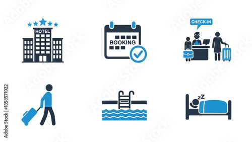Hotel services icon set - Blue icon bundle - icon set in line, solid and filled outline style, Minimal Solid Vector icon, App icon,  icon, Editable stroke icon, Modern icon